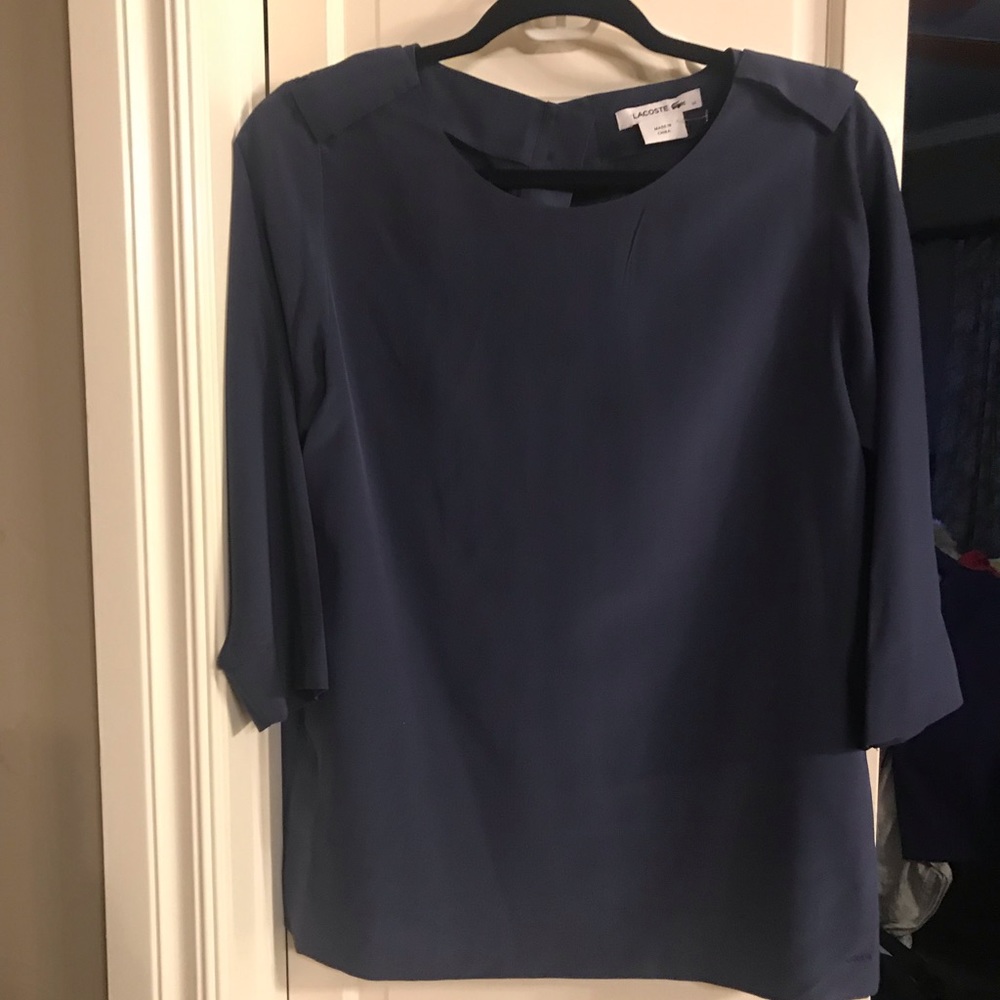Navy Lacoste blouse, SZ 34, tab shoulders, silk